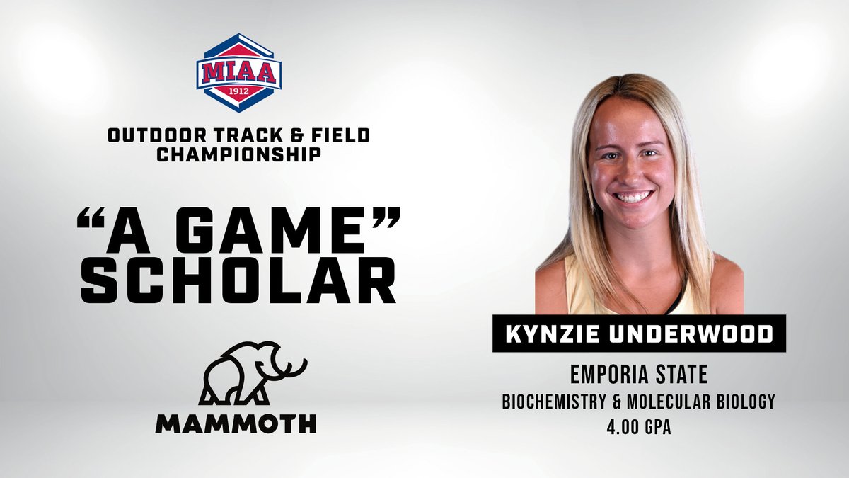 TheMIAA's tweet photo. Congratulations to @EmporiaStTrack's Kynzie Underwood on being named the MIAA Women's Outdoor Track & Field Championship "A Game" Scholar Athlete📚🎽👏

Kynzie will be honored with the "A Game" trophy, presented by @MammothBuilt, today at the conclusion of the 2023 MIAA Outdoor Track & Field Championships⤵️

📰 https://t.co/pjTuBzrrbJ
#BringYourAGame