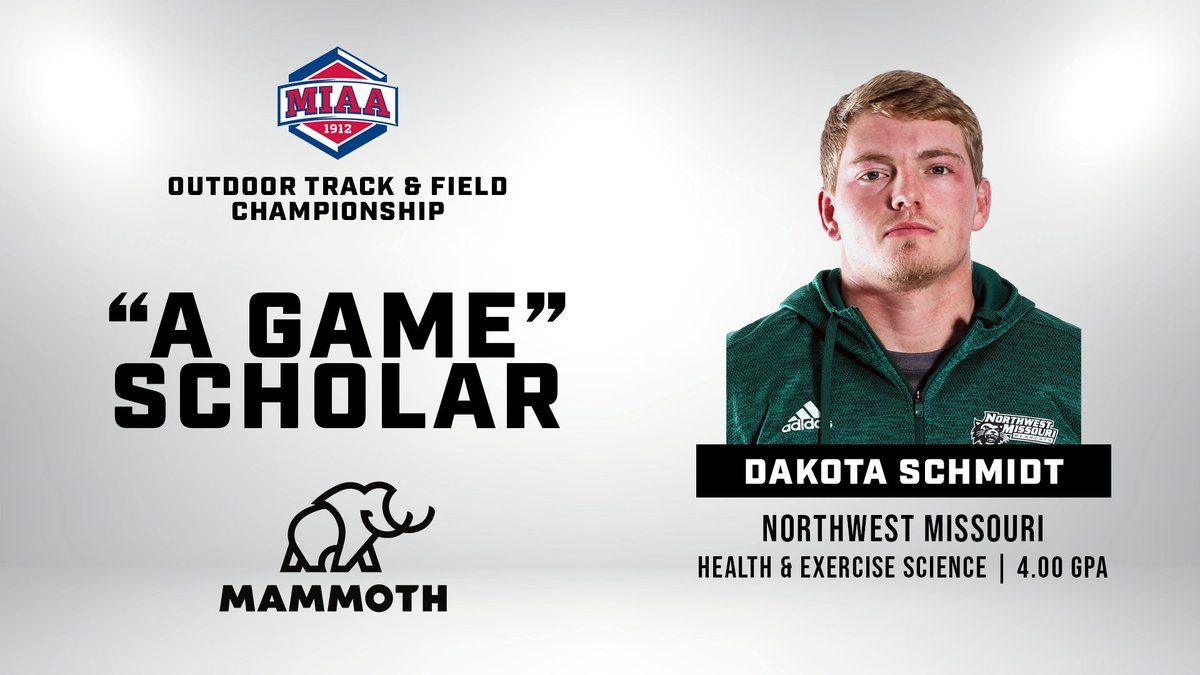 TheMIAA's tweet image. Congratulations to @NWBearcatXCTF&apos;s Dakota Schmidt on being named the MIAA Men&apos;s Outdoor Track &amp;amp; Field Championship &quot;A Game&quot; Scholar Athlete📚🎽👏

Dakota will be honored with the &quot;A Game&quot; trophy, presented by @MammothBuilt, today at the conclusion of the 2023 MIAA Outdoor Track…