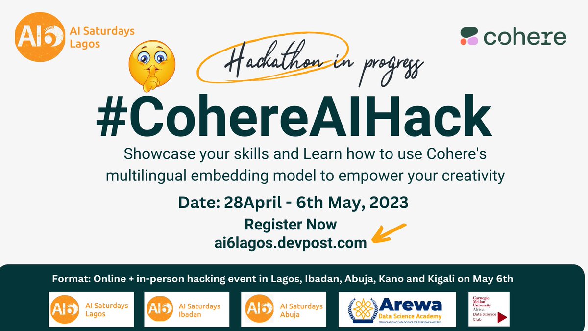 iGeorge_i's tweet photo. We just wrapped up an incredible #CohereAIHack in Lagos. We organized the Hackathon to bring together the best and brightest minds in the field of AI across Africa. Special thanks to @CohereAI  and @AISaturdayLagos for sponsoring and organizing the events at various locations: https://t.co/YQzRHgkHUc