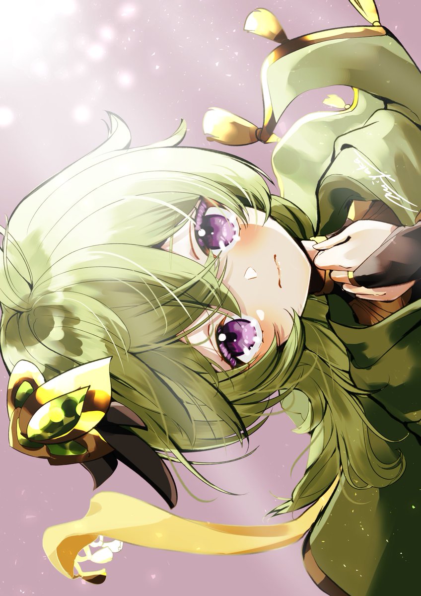 1girl green hair purple eyes solo green capelet looking at viewer hair ornament  illustration images