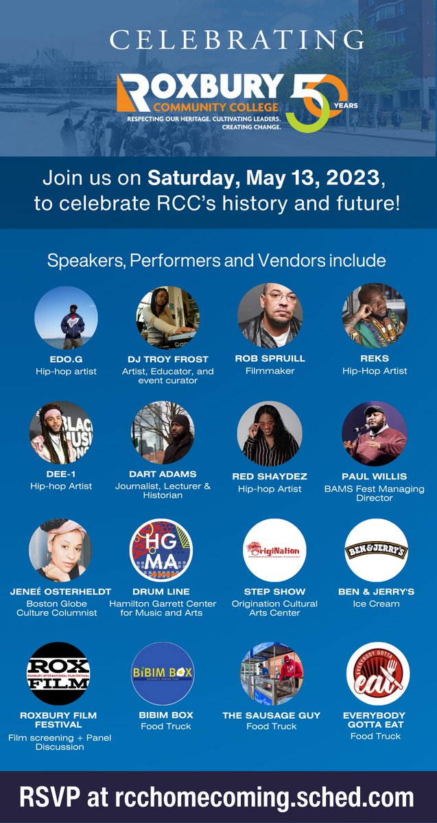 SeeRCC's tweet photo. Celebrate local talent at RCC Homecoming on May 13th!
Join us for a step show by @OrigiNationArts at 2:00 pm.
Later we have live performances by @RedShaydez1 @djtroyfrost @edogboston REKS & Paul Willis at 7:30 pm.
RSVP at https://t.co/uhpw6XcKhX #RCC50thHomecoming #since73 https://t.co/IDlI2WjeAh