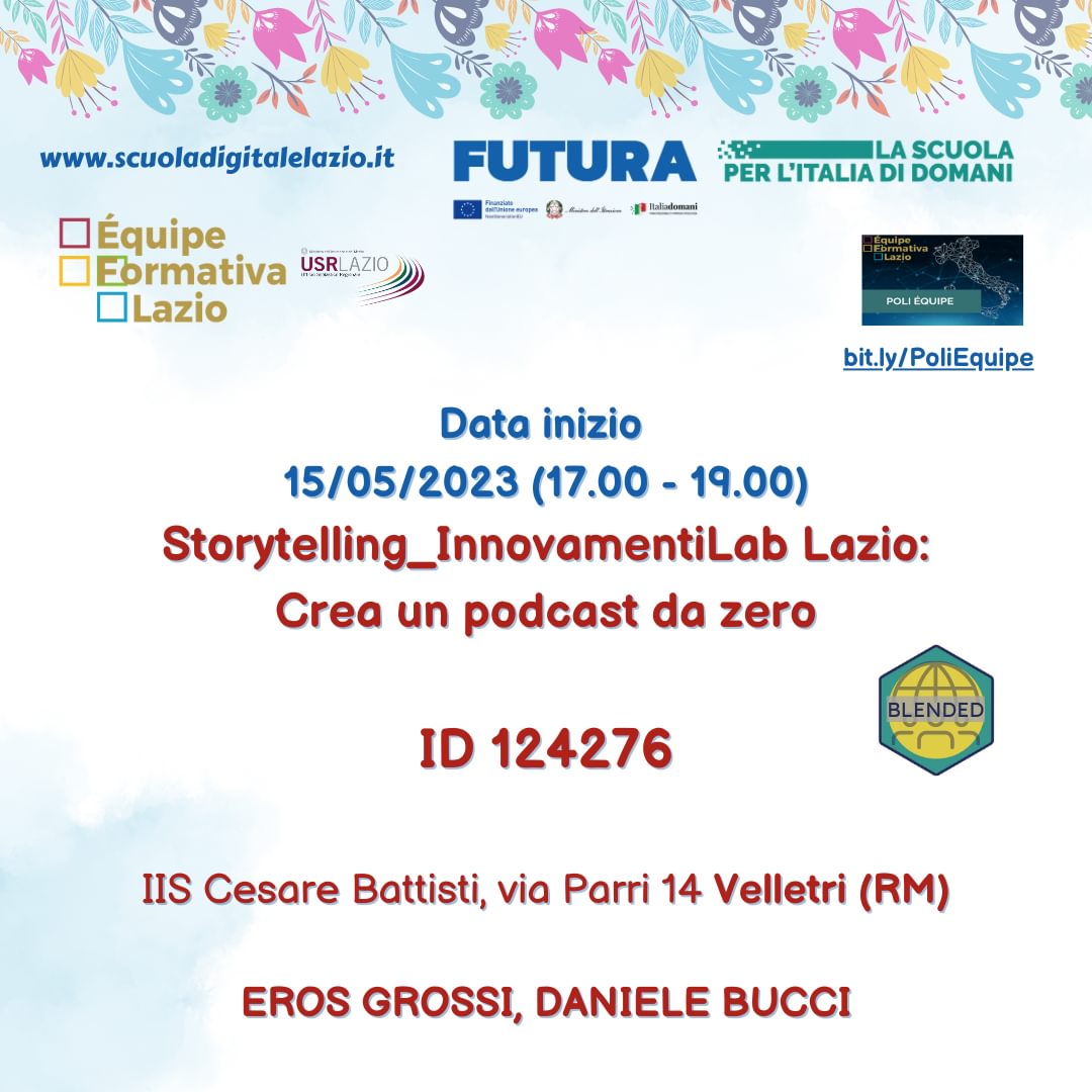 In partenza lunedì 15 maggio su SCUOLA FUTURA il corso blended d'introduzione al podcasting 📷📷., con laboratorio in presenza di sound design il 22 maggip 2023 presso l'IIS Cesare Battisti a Velletri
📷 Per iscrizioni (fino al 14 maggio) su SCUOLA FUTURA
scuolafutura.pubblica.istruzione.it/de/storytellin…