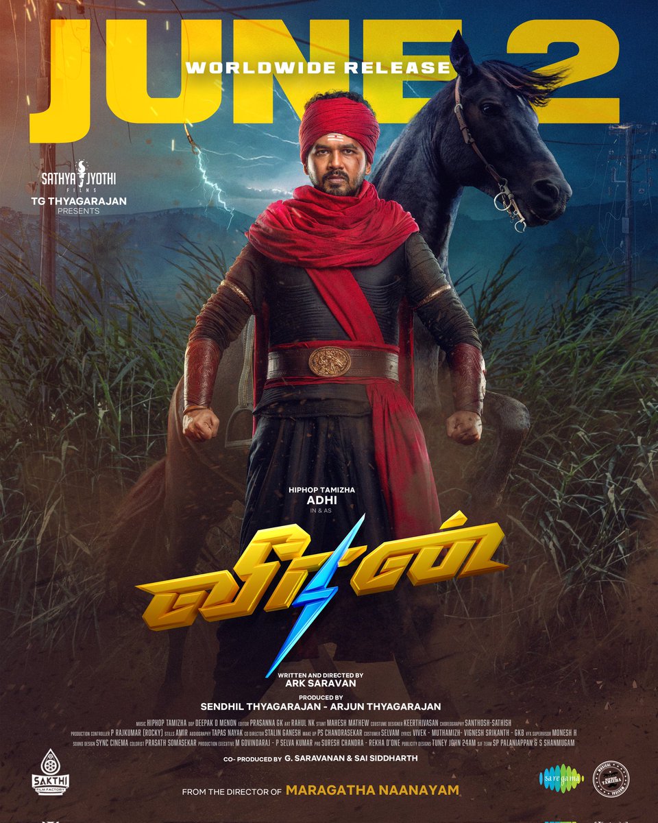 We bring you the ' Tamil Super Hero Story ' #Veeran releasing on JUNE 2nd in Theatres worldwide ⚡💥 Tamilnadu Theatrical Release by @SakthiFilmFctry #VeeranOnJUNE2nd @hiphoptamizha @ArkSaravan_Dir @VinayRai1809 @editor_prasanna @deepakdmenon @kaaliactor @SathyaJyothi