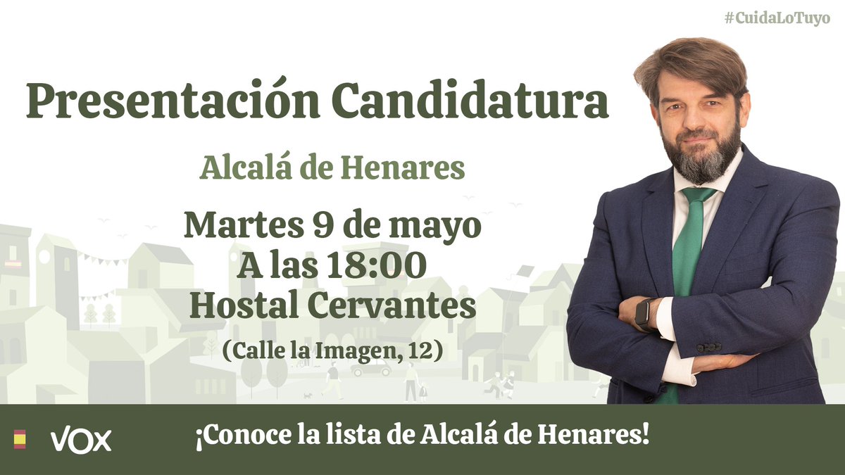 🇪🇸 Ha llegado el momento de anunciaros que el próximo 9 de mayo a las 18:00 estaremos en el Hostal Cervantes para presentar la lista de VOX Alcalá de Henares que acompañará a @V_Acosta_VOX el próximo 28M

¡Te esperamos!

Alcalá de Henares nos necesita, #CuidaloTuyo #CuidaAlcala