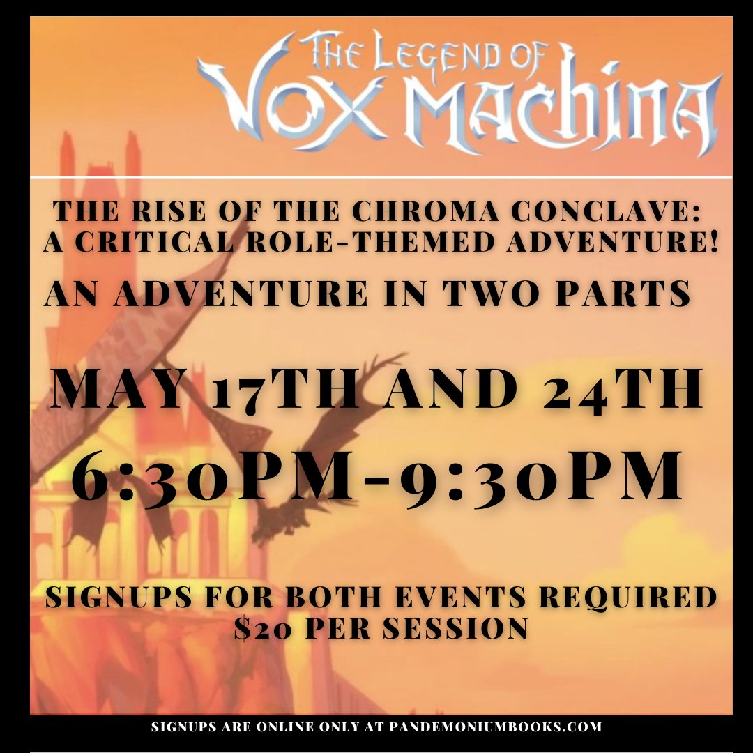 pandygamesma's tweet photo. Set in the world of Critical Role and Tal'Dorei, follow our group of adventurers as they fight the rise of the Chroma Conclave. Note that this two-shot adventure contains spoilers of Critical Role and The Legend of Vox Machina!
https://t.co/hXJOaaqMxY
#PandeRPGs #PandeEvents https://t.co/b1a9wibAFz