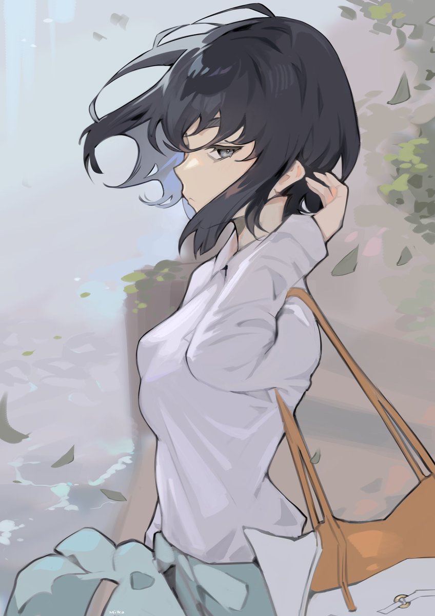 1girl solo black hair bag wind shirt white shirt  illustration images