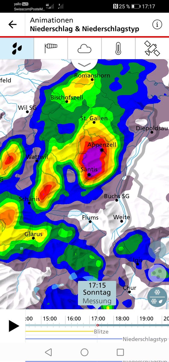 FelixSch86's tweet photo. Hier aktuelles #Radarbild von der MeteoSchweiz-App. Bei Violett-Tönen ist mit Hagel zurechnen! https://t.co/XHK6UxkeZa