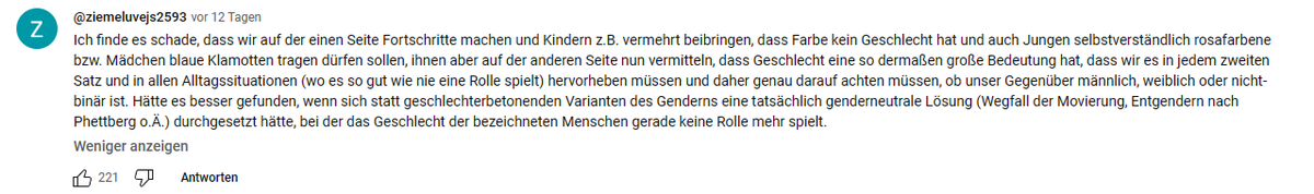 EntgendernY's tweet photo. Ein interessanter Kommentar unter einem neulich veröffentlichten Youtube-Video. Während das explizite hervorheben bestimmter Geschlechter in einigen wenigen Kontexten durchaus sinnvoll sein kann, ist auch m.E. eine komplett genderneutrale Lösung mittelfristig wünschenswert. https://t.co/RVM8NmaW1J