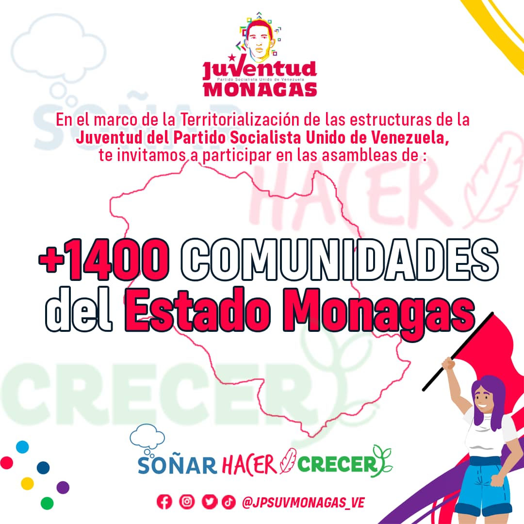 *_ VAMOS JUVENTUD MONAGUENSE_* 👊🏽🚩

Este Sábado 06/05/2023.! 

🗣️ *_PARTICIPA_* 🗣️

En la Asamblea de tu Comunidad para elegir a la 

*_ESTRUCTURA JPSUV DE CADA COMUNIDAD_* 👊🏽🚩🧒🏻👦🏻

*_#SOÑAR_* 

*_#HACER_* 

*_#CRECER_* 

*_Nosotr@s seguiremos VENCIENDO_* 👊🏽🚩