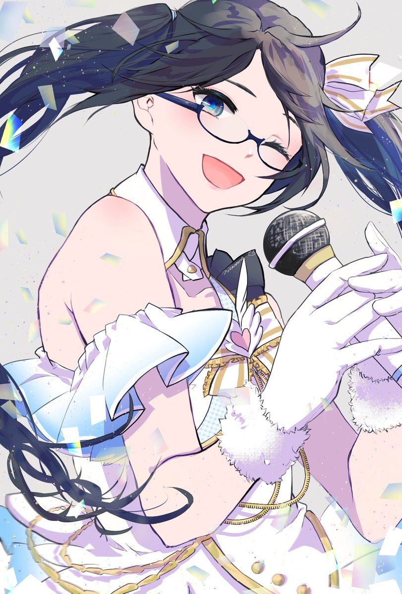 1girl black hair gloves one eye closed twintails glasses microphone  illustration images