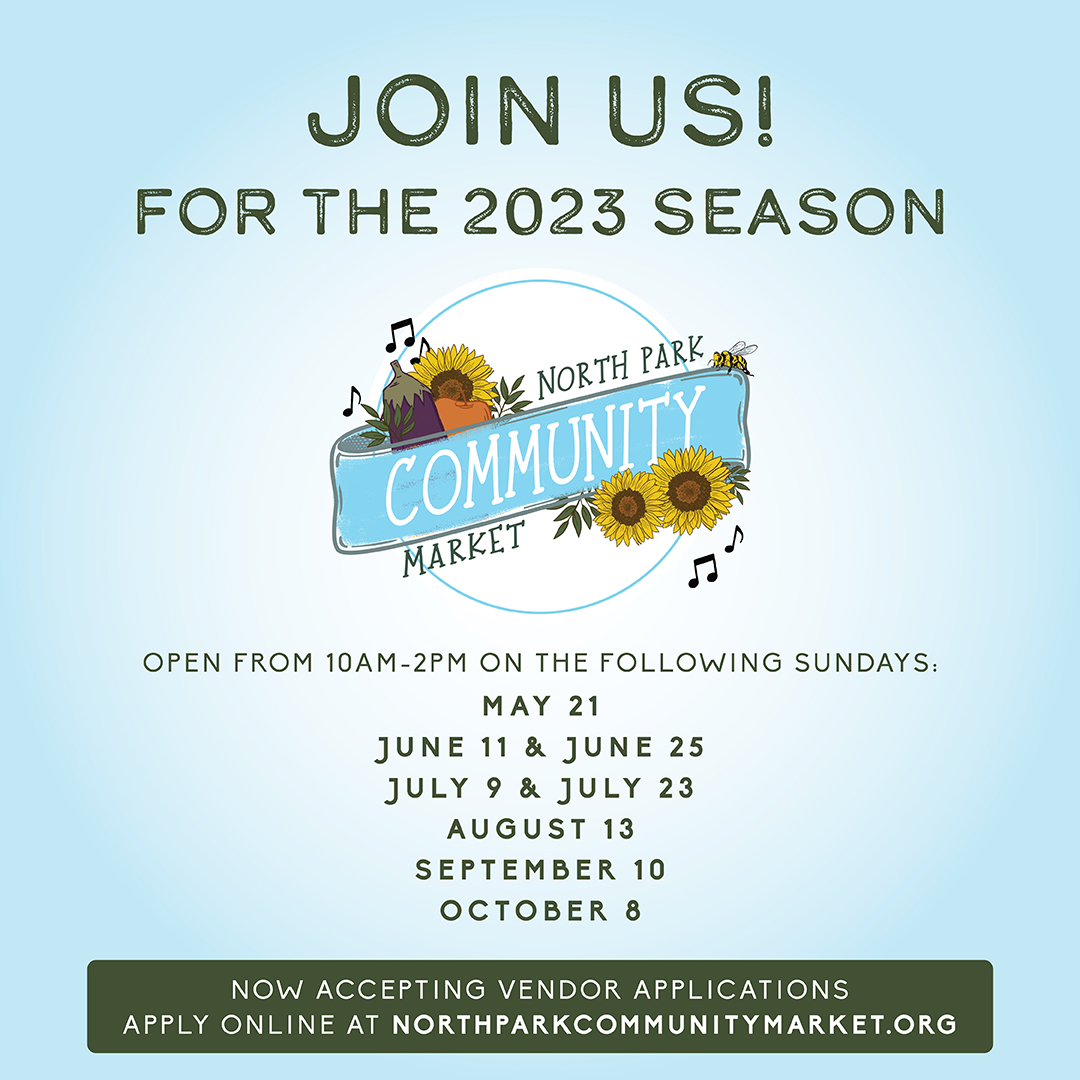 It's almost market season! Join us at Peterson School for the North Park Community Market on select Sundays from 10 to 2, May through October! Great vendors, live music, kids' activities, and more! northparkcommunitymarket.org