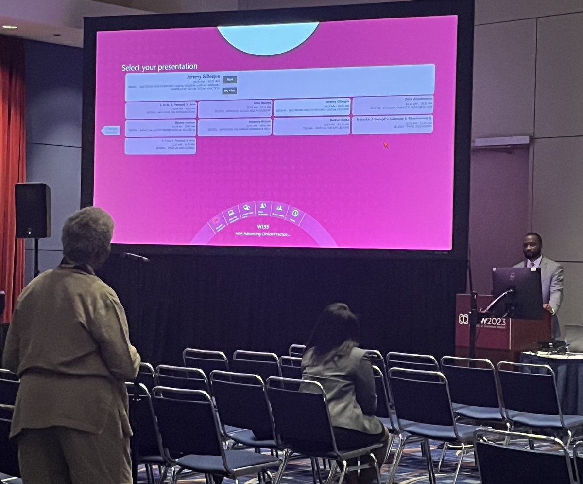 Highlight of my day already with ⁦@Duke_GI_⁩ icon Dr. Joanne Wilson asking a question to one of her fellows Dr. Jeremy Gillespie presenting his QI project on GERD testing. #DDW2023 Thanks also to his mentor ⁦@David_LeimanMD⁩ ⁦⁦⁦@dukemedicine⁩