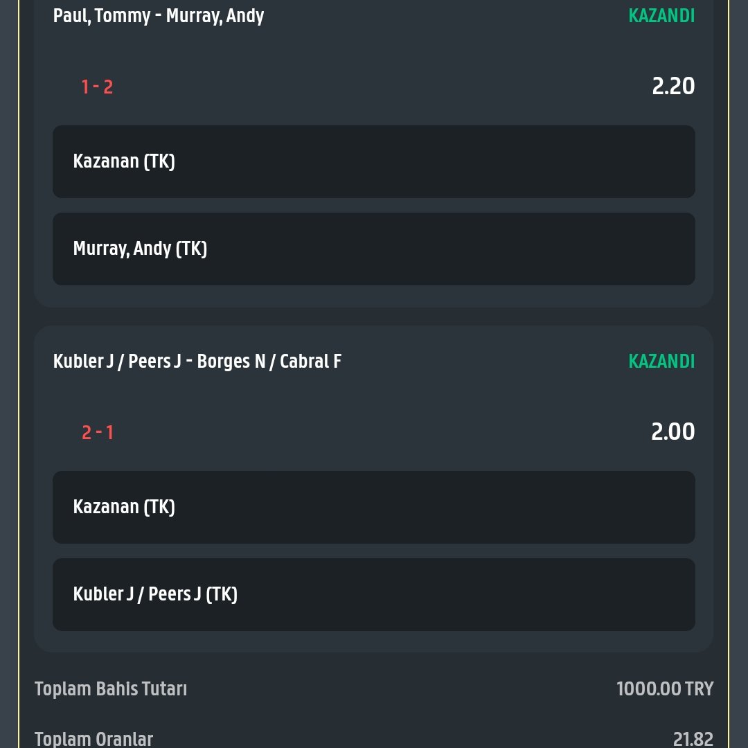 RT FAV yap 1000₺ çekilişe katıl

Special group'ta 22 oran paylaştım
Tek match kaldı 🥳

Struff Jan Lennard +4,5 h <a href="/2/">A 2-loop</a>,90

Tutarsa 5x200 ₺ çekiliş olacak

t.me/sonictips