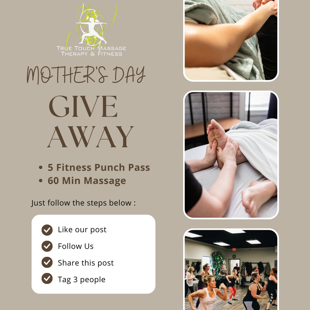 True_Touch_MTF's tweet photo. Mother's Day Giveaway!! 
To be entered in a draw for a 5 fitness punch pass and a 60 min massage you just have to follow the steps indicated in the picture. 
ALSO for an extra entry, book in for a massage prior to the draw date (May 14, 4pm).
#mothersdaygiveaway #giveaway #mother https://t.co/TWgWL1FU2c