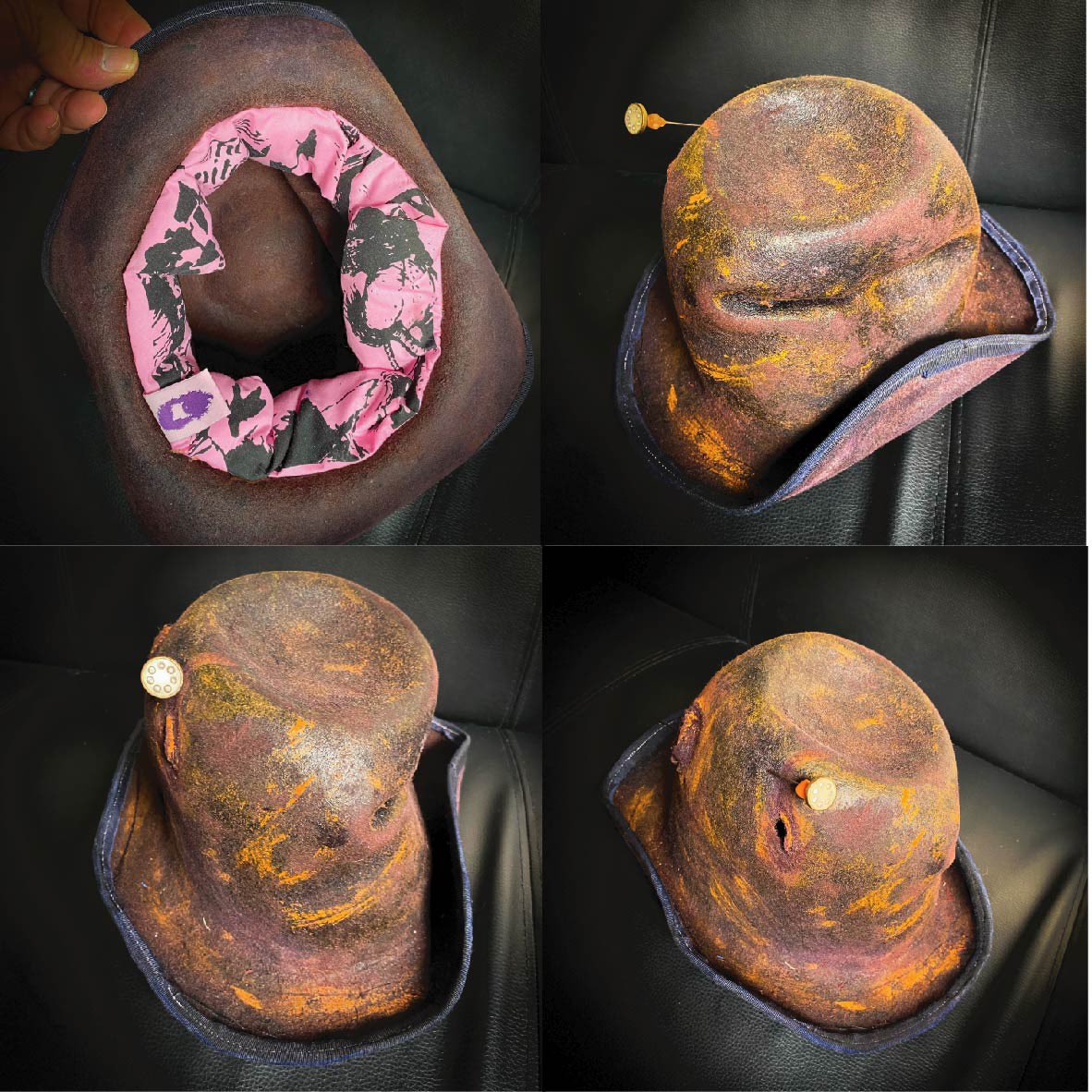 A sample of a production waxed distressed hat with Victorian hat pin about to go on the Aloysius Grace sample site #mrgracehughes #millinery #strangely #worldsend #deviantsoho #englisheccentricity #waxedhat #hatpin #victorianhatpin