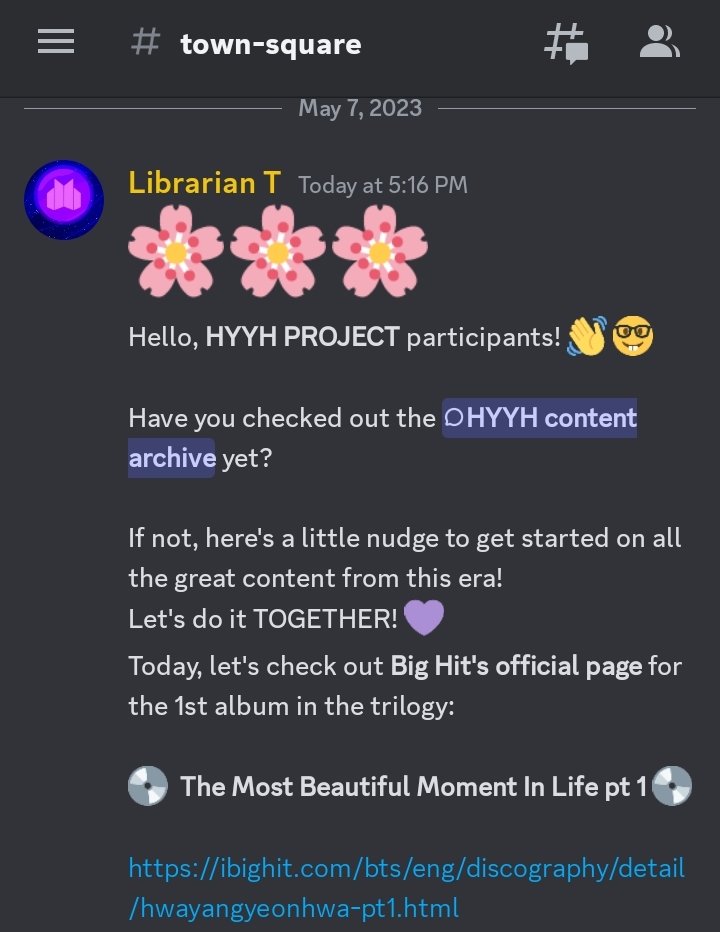 bangtan_library's tweet photo. 🌸🌸🌸

The #HYYHProject - album 1

The Most Beautiful Moment In Life pt 1 - begin your exploration with #BangtanLibrary today! 

Come to Discord and ARMY together with us! 💜 https://t.co/v6SlHz0Kq5