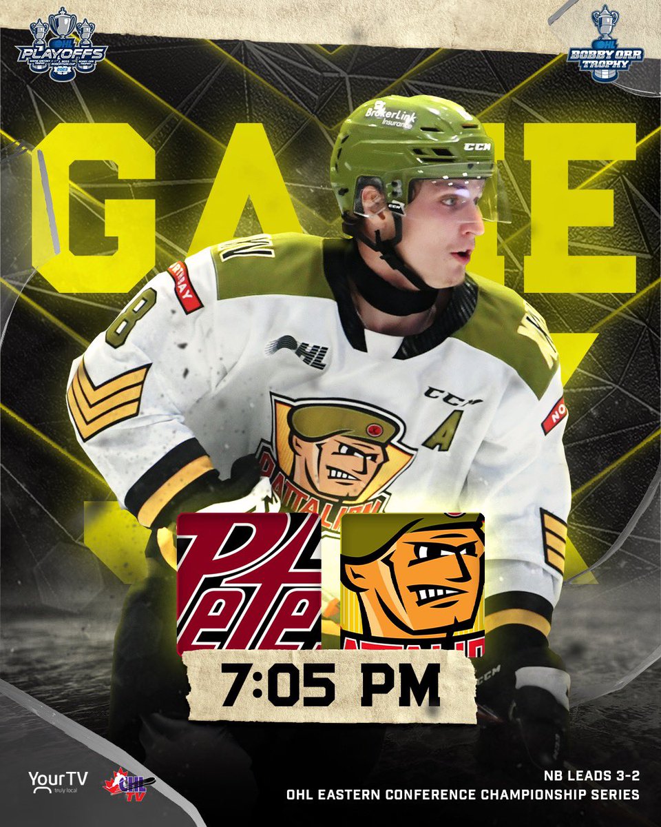 OHLBattalion's tweet photo. Game six.

🕖 7:05 PM
⚔️ @PetesOHLhockey 
🏟️ Peterborough Memorial Centre
📺 @yourtvnorthbay / CHL TV
🎙️ @TheFrontlinePod 
🔢 NB Leads 3-2 https://t.co/7pq5v6YxPm