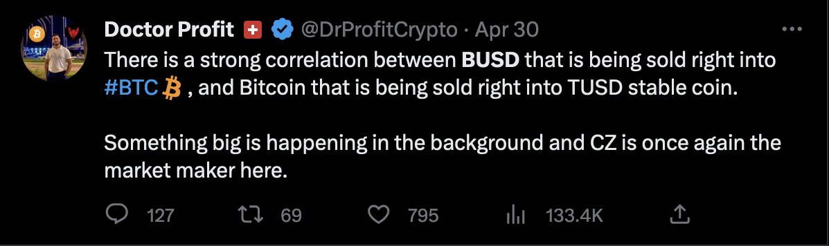 DrProfitCrypto's tweet photo. Binance is involved in selling BUSD right into TUSD, using a #BTC bridge. This explains the current BTC rallye from 20-30k

I was one of the first people that pointed out the massive BUSD involvement in this rallye, now its clear where the money is moving to. https://t.co/e3xv8cCv28