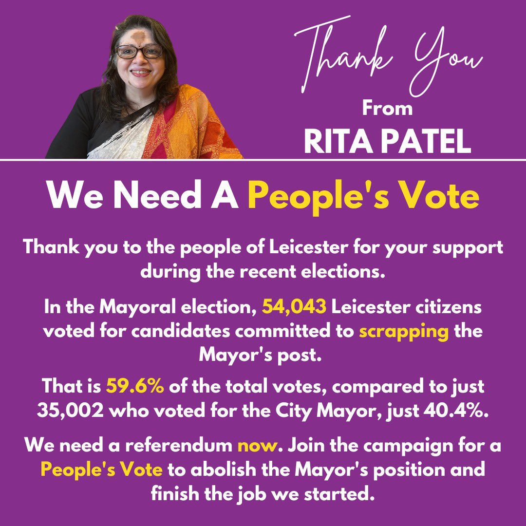 Leicester, we must finish what we started 

Over 54k residents voted for candidates that are committed to scrapping the City Mayor system. 

That’s 59.6%!

We need a referendum now. 

Join the campaign for a #peoplesvote ✊