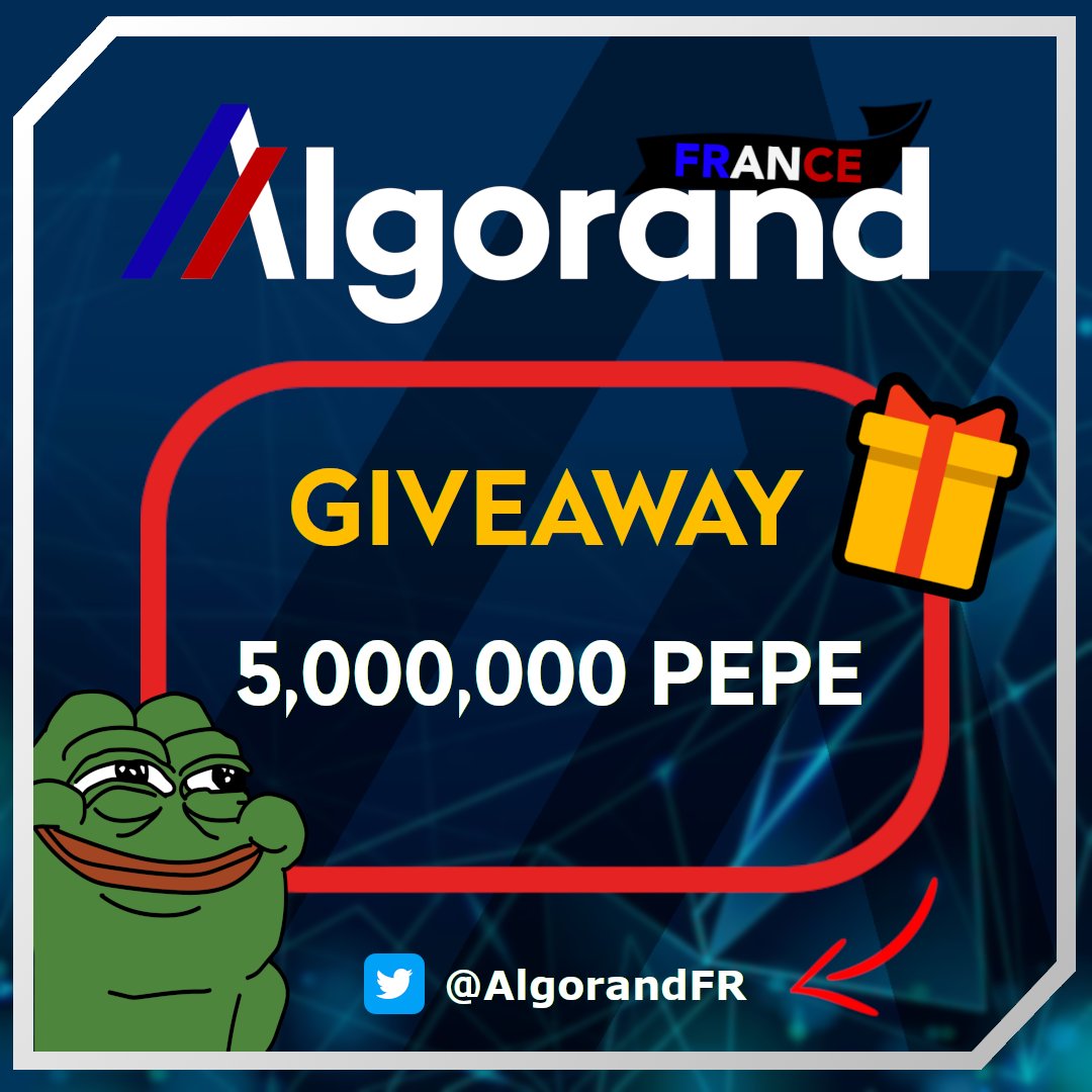 AlgorandFR's tweet image. 🎉🎁 Petit giveaway du week-end ! 🎁🎉

J&apos;offre 5,000,000 de $PEPE sur Algorand à une personne au hasard ! 🐸

1⃣ Follow @AlgorandFR
2⃣ Like et RT ce tweet 
3⃣ Tag 3 personnes en commentaire

Tirage au sort dans 48H ! ✅
Portefeuille Algorand requis.

#Giveaway #Concours #algofam