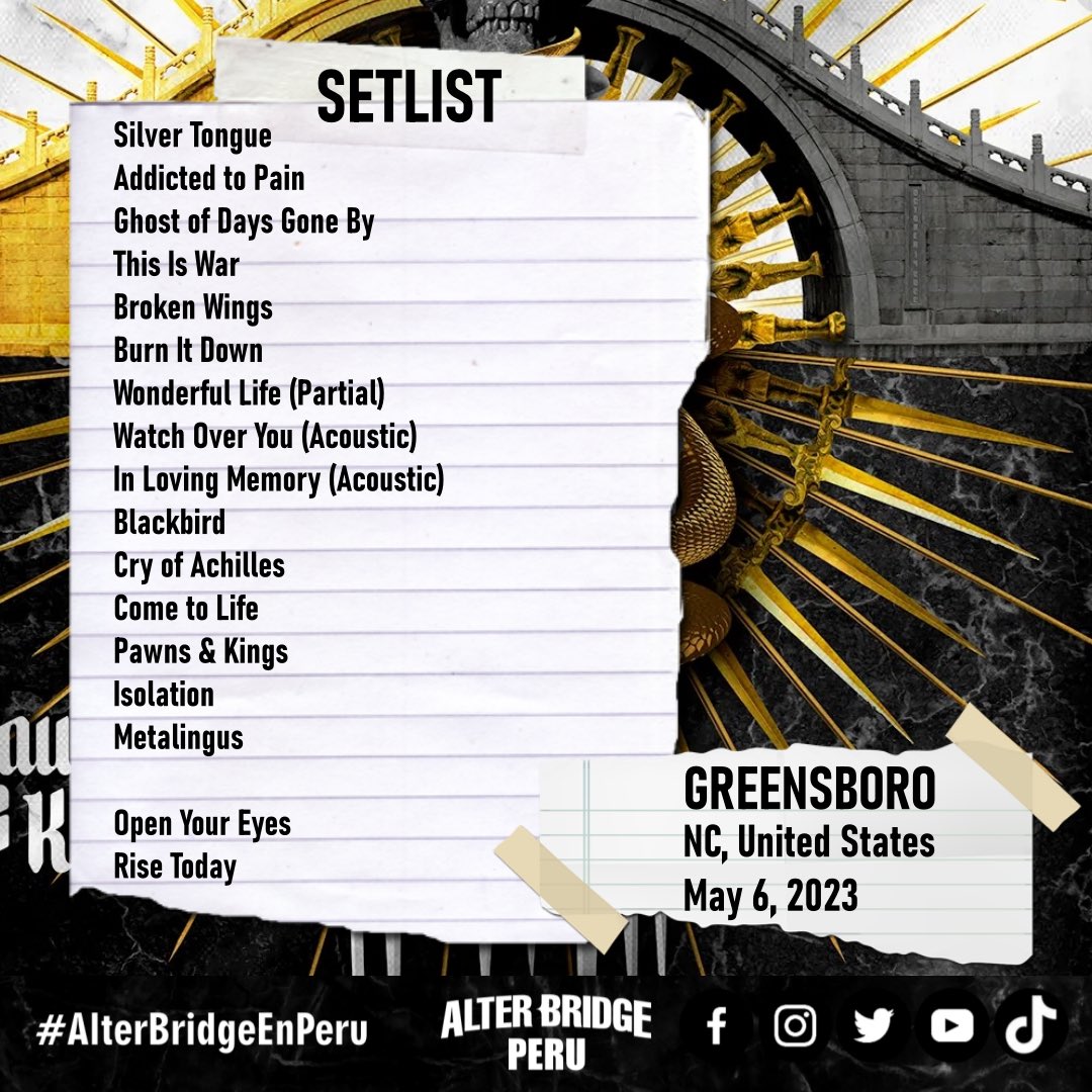 📄 SETLIST | Greensboro, NC, USA 🇺🇸 (May 6, 2023)

@alterbridge #pawnsandkingstour #myleskennedy #marktremonti #brianmarshall #scottphillips #alterbridgeenperu