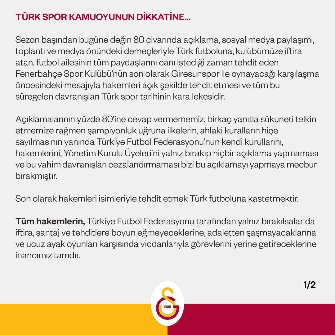 GalatasaraySK's tweet photo. TÜRK SPOR KAMUOYUNUN DİKKATİNE… https://t.co/A9PQKLlS9v