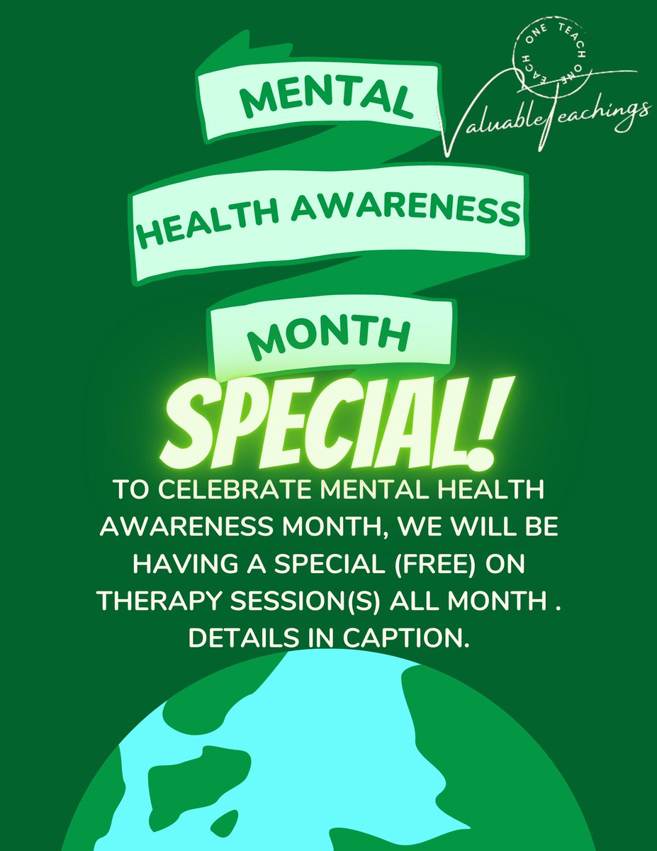 Mental Health Awareness Month 💚
During this month, I will be providing a unique special (FREE) on therapy sessions. In order to receive the special, you must follow the instructions below: 

⁃Tag two people.
⁃Retweet this tweet.