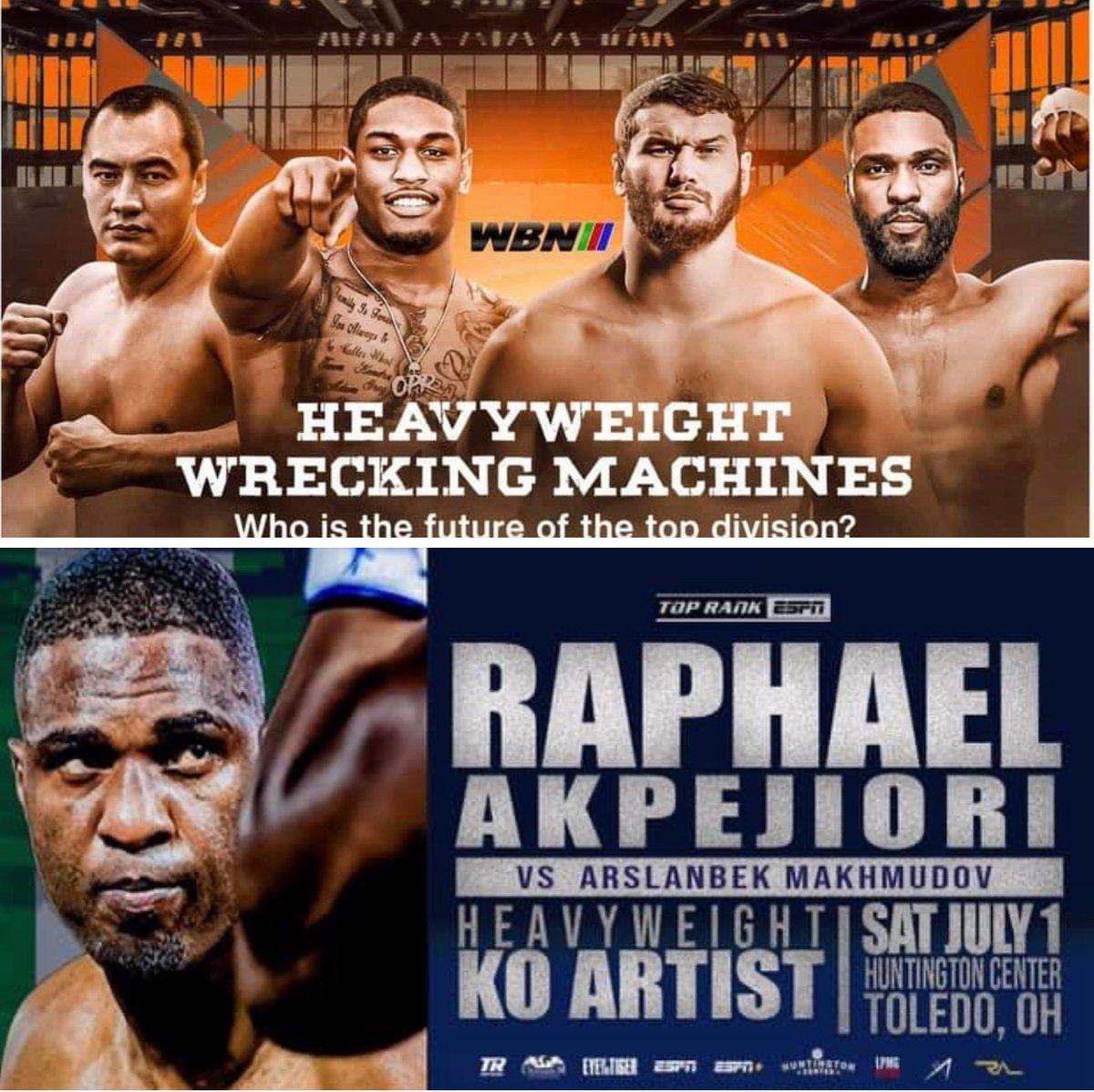 lpmgboxing's tweet photo. AKPEJIORI        vs      MAKHMUDOV
15 - 0 14KOs.             16 - 0 15KOs
🇳🇬🇳🇬🇳🇬🇳🇬.               🇷🇺🇷🇺🇷🇺🇷🇺🇷🇺

JULY 1st
HUNTINGTON CENTER 
TOLEDO, OHIO

#boxingnigeria #toledoohio #heavyweightboxing #boxingnews #heavyweights #boxinglifestyle #boxing #letsgochamp #wbcboxing https://t.co/tNLvUPvGw8
