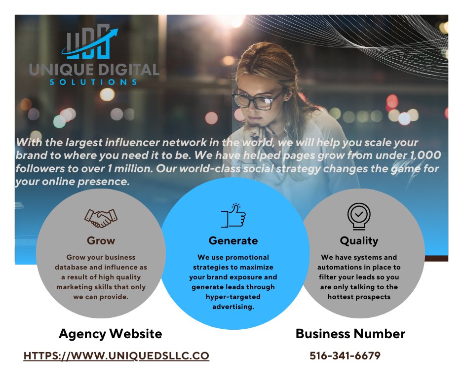 UniqueDSLLC's tweet photo. Let Unique Digital Solutions UDS take care of your digital marketing needs. We are a full service marketing agency.
#socialmediamarketing #adcampaign #twitteradvertising #brandmarketing #brandstrategy #digitalmarketing #marketing #socialmediamarketing #socialmedia #business #seo https://t.co/uoRTW9wlgU