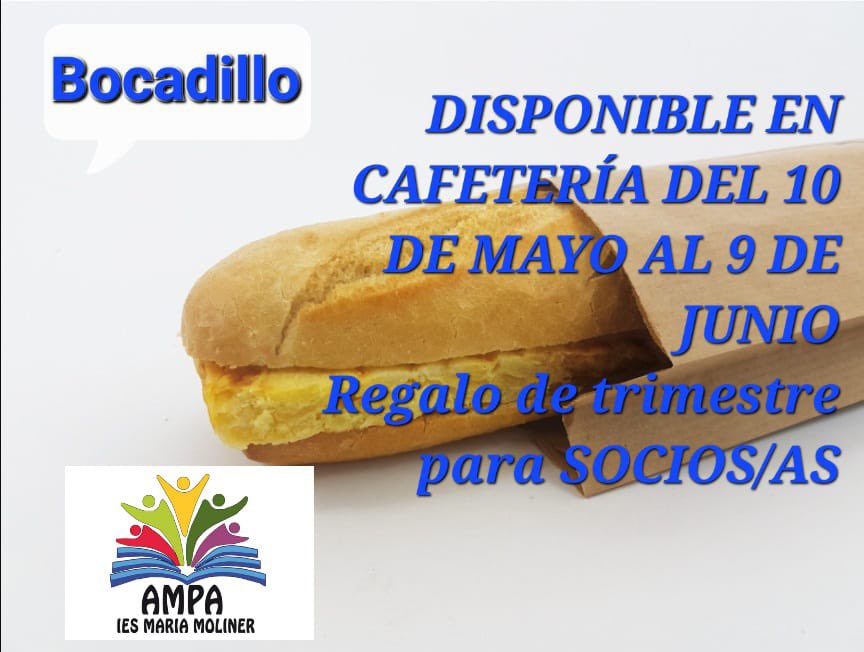 Último ticket regalo de trimestre para socios/as de este curso.
El miércoles 10 de Mayo pueden pasar a recogerlo  en el recreo,en el edificio principal. Se podrán canjear desde ese día hasta el 9 junio. 
#ampaiesmariamoliner #ampasdecoslada #regaloticketbocadillo #regalosdelampa