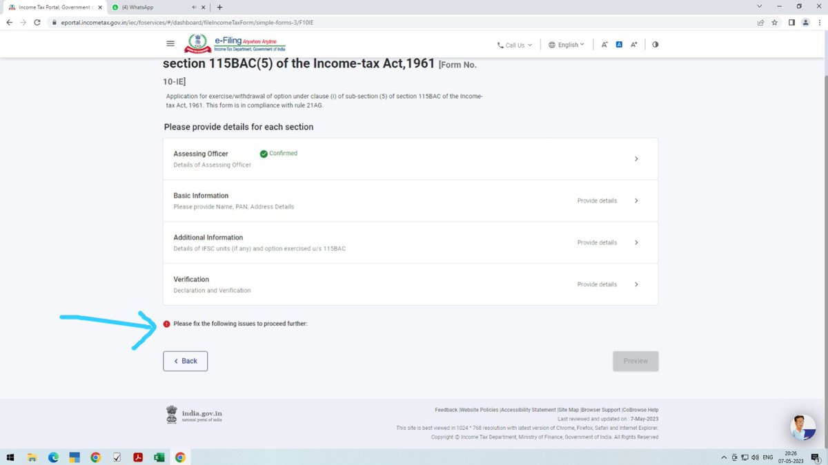 KP3431's tweet photo. @FinMinIndia @nsitharaman 
Forms ITR 1 &amp; 4 launched and filing started is just for sake of saying. Pls see the actual situation. While filing form 10IE, it says fix the follwoing issue but no issue is displayed, cz of which I'm unable to file form10IE is have to pay extra tax
1/2 https://t.co/WiNU3W1Tbl