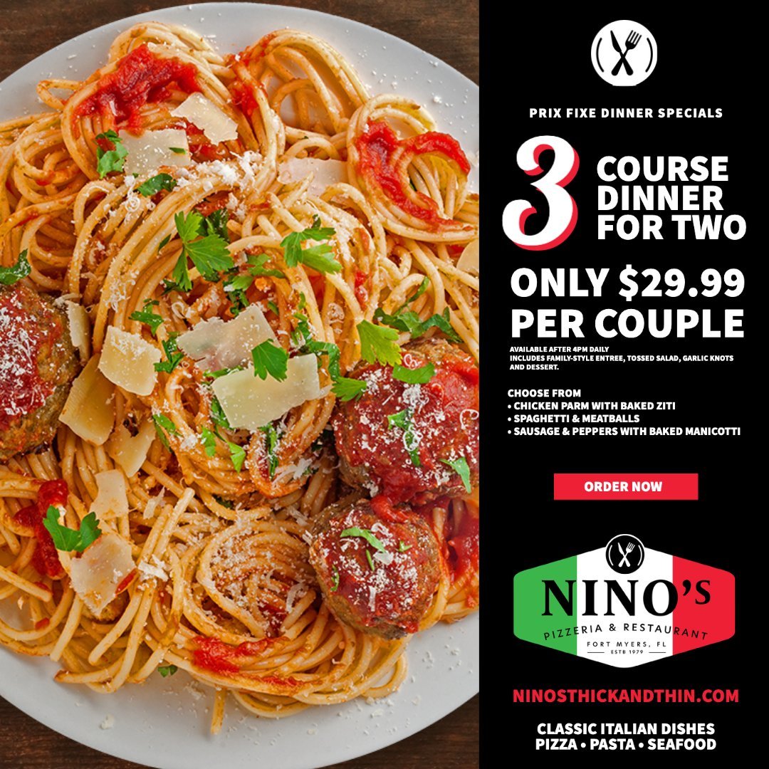 Three course dinner for two, just $29.99. Available after 4pm for dine in or pickup. See all of the choices on our Prix Fixe Menu, buff.ly/44Aq7De . 

#dinnerspecial
#ninosthickandthinpizzeria 
#ninosfortmyers
#italianfood
#italianfoodie
#italianrestaurant