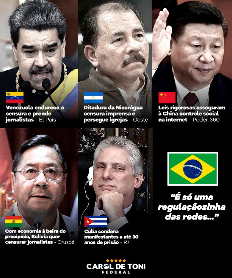 "É para sua segurança..."

"É por um debate público mais plural..."

"É só uma regulaçãozinha, não é censura..."

"É para combater criminosos..."

"É um controle para o bem comum..."

A lista dos slogans patéticos é longa, mas a certeza é uma só: a esquerda não vence o debate⤵️