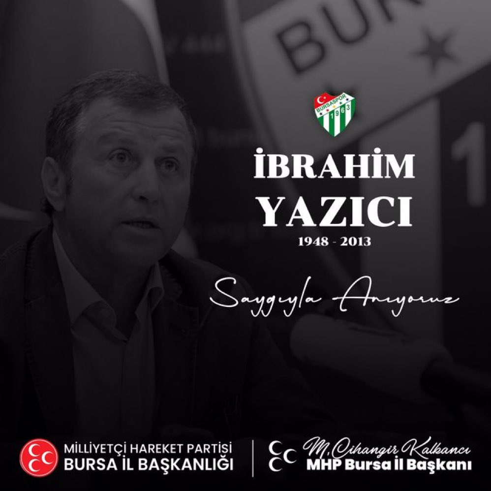 Aramızdan ayrılışının 10. yılında Bursaspor'umuzun efsane başkanı İbrahim Yazıcı'yı saygıyla anıyoruz.

#Bursaspor
#İbrahimYazıcı