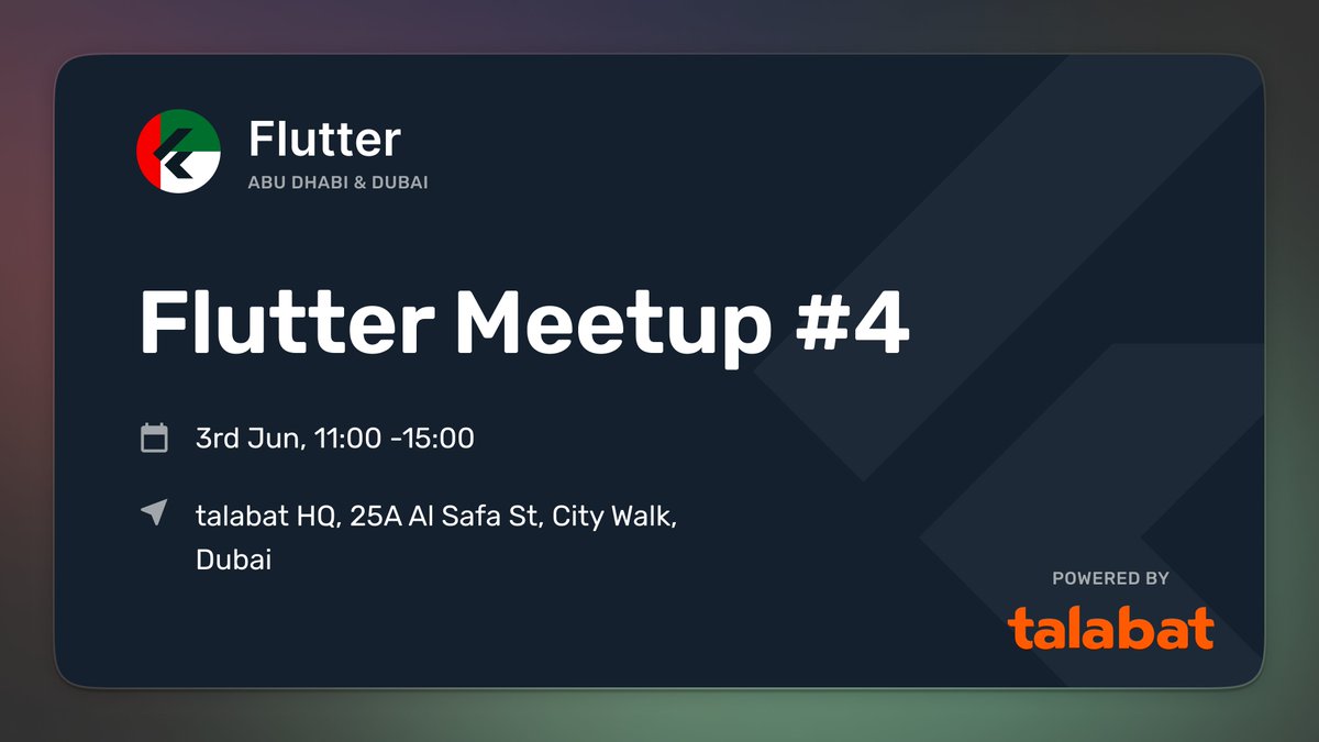 📢 Calling all Flutter enthusiasts in the UAE! 💙🇦🇪 We're excited to announce the return of the Flutter Abu Dhabi & Dubai event on June 3rd at talabat HQ, Dubai.🤩 Don't miss out! RSVP now to secure your spot. RSVP 🔗 bit.ly/44Ayxuk  #FlutterUAE #flutterdev #talabat