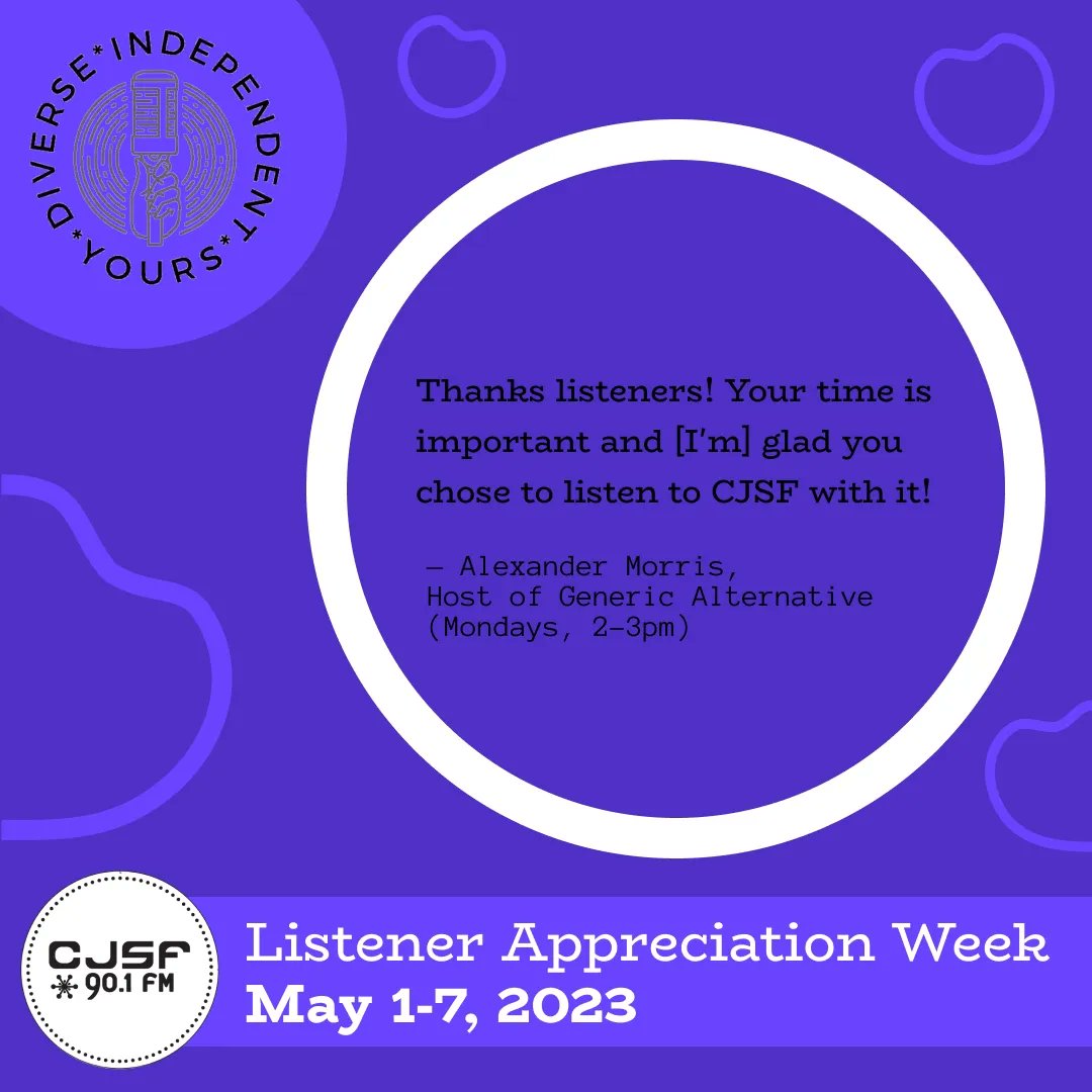 CJSF's tweet image. As #ListenerAppreciationWeek2023 draws to a close, we&apos;d like to thank you for listening to us, now + always. To borrow the words of Alex Morris, host of Generic Alternative, &quot;your time is important + [we&apos;re] glad you chose to listen to CJSF w/ it!&quot;

#HappyListenerAppreciationWeek