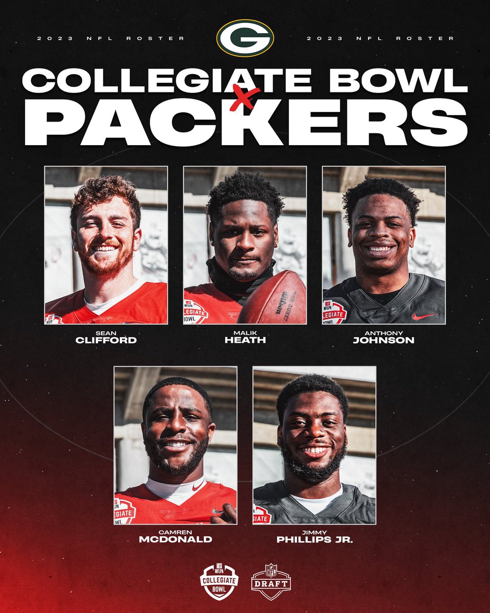NFLPABowl's tweet photo. The GB x CB connection 🔥

Five #NFLPABowlAlums were drafted or signed by Green Bay, including @seancliff14 who is the highest-drafted QB in Collegiate Bowl history 👏

#GoPacksGo https://t.co/k3Jb6cyzkh