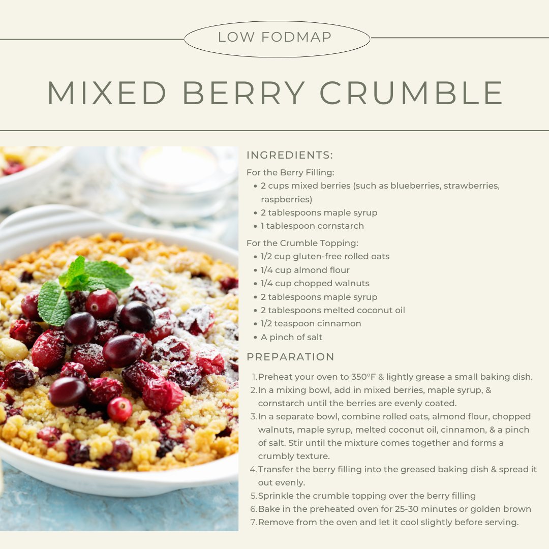 GetEpicured's tweet photo. Here's a simple recipe for a Low-FODMAP Mixed Berry Crumble! 🥧

#glutenfree #guthealth #lowfodmap #fodmapfriendly #lowfodmapdiet #healthygut #nourish #epicured #irritablebowlsyndrome #IBSfriendlyfood #nutritionfirst #glutenfreelifestyle #wheatfree https://t.co/tardiHsJH4