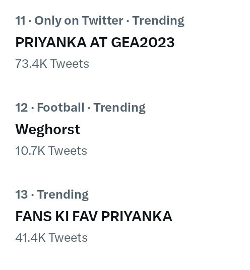 𝐓𝐞𝐞𝐞 ☯ (@_gyaani_) on Twitter photo PRIYANKA AT GEA2023 trending at no.11 with 73.4k tweets and FANS KI FAV PRIYANKA is trending at no.13 with more than 41.4k tweets.
Great going people 🥳
#PriyankaChaharChoudhary PRIYANKA AT GEA2023 trending at no.11 with 73.4k tweets and FANS KI FAV PRIYANKA is trending at no.13 with more than 41.4k tweets.
Great going people 🥳
#PriyankaChaharChoudhary