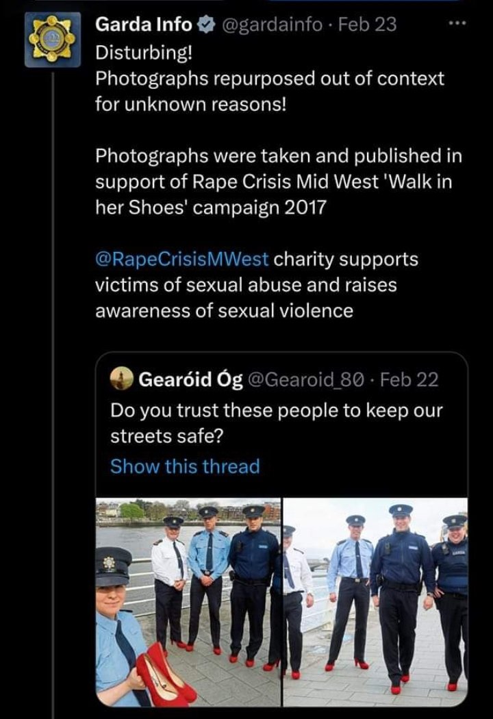 ChrisFaulkner97's tweet photo. Clarity is something that's very important. Specific individuals have been resurfacing the below photo as if it's recent, and alleging that Gardai just did this because of the LGBT community. This is false. Below is the clarity of a 2017 Rape Crisis Event. Misinformation must be tackled. 

I'm also curious as to the agenda of those who falsely posted an out of context image, very recently, purporting it to be recent, when it was taken in 2017. A little bit of research, brings clarity. Everybody should try it.