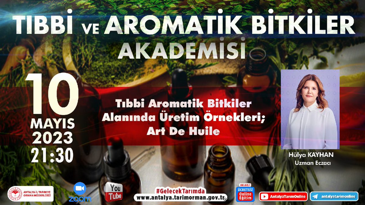 #TabAkademisi-38

 Uzman Eczacı Hülya Kayhan ile

📌10 Mayıs 2023 21:30

🔹 Tıbbi ve Aromatik Bitkiler Alanında Üretim Örnekleri ; Art De Hulle

#GelecekTarımda
#TarımAntalyada

Grup İçin👇
chat.whatsapp.com/JXFujIXQv6K4c9…

<a href="/VahitKirisci/">Prof.Dr.Vahit Kirişci</a> <a href="/ersinyazici1/">Ersin YAZICI</a> <a href="/gokhankaraca_/">Gökhan Karaca</a>

#Antalya