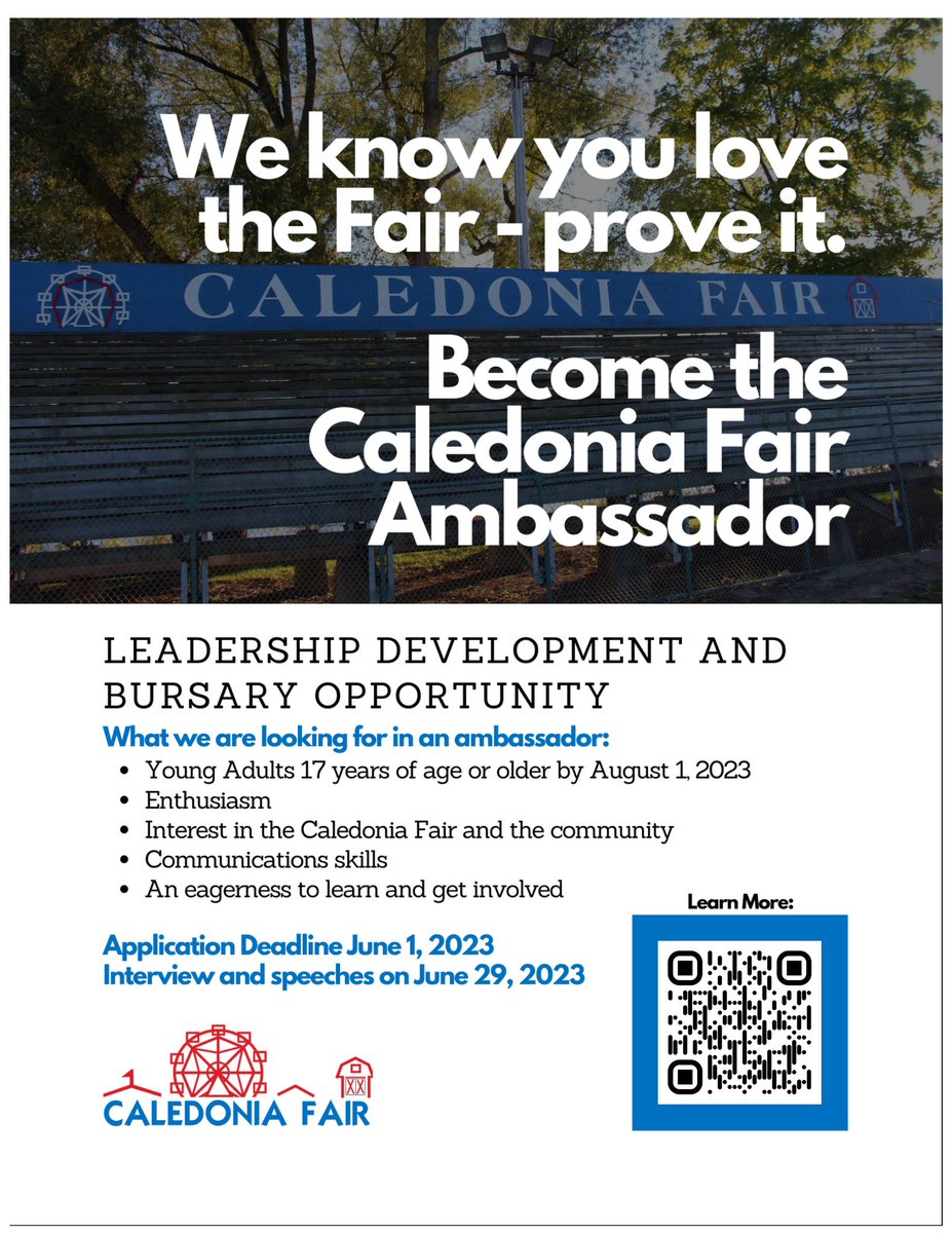 hnjuniorfarmers's tweet photo. Have you ever thought of being a Fair Ambassador? Ever wanted to gain more skills that will help in all aspects of your life? 

Why not apply to be the 2023 Caledonia Fair Ambassador then! 🎡

Scan the QR code below or click this link https://t.co/E3lgYPWKym for more information https://t.co/d21LxUTPiX