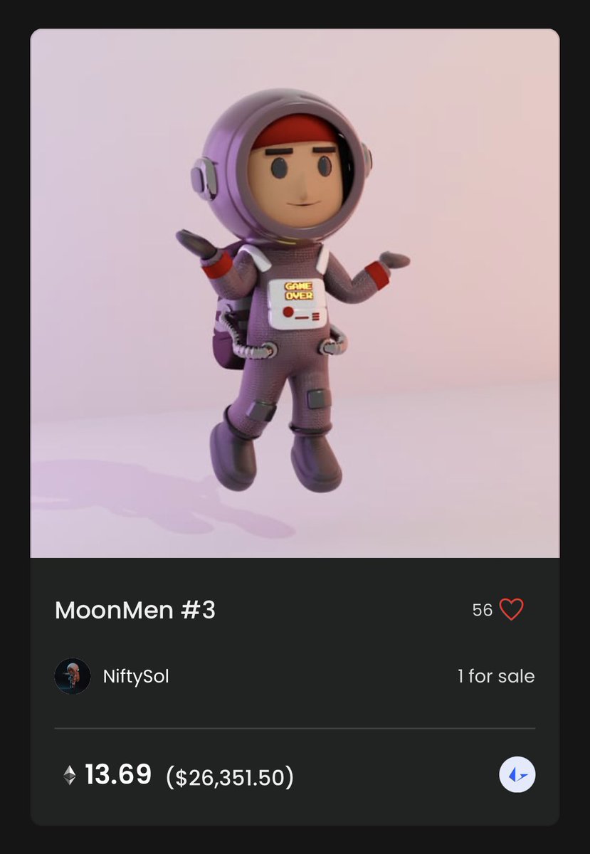 MoonMen #3 👩‍🚀 (1/1)

Made with love and heaps of #GME nostalgia… 

Current price: 13.69ETH ($26.345.71)
You could say that’s deep value… 

#nft #eth #gameover #ownyourasset #gamestopnft

nft.gamestop.com/token/0x1c8620…