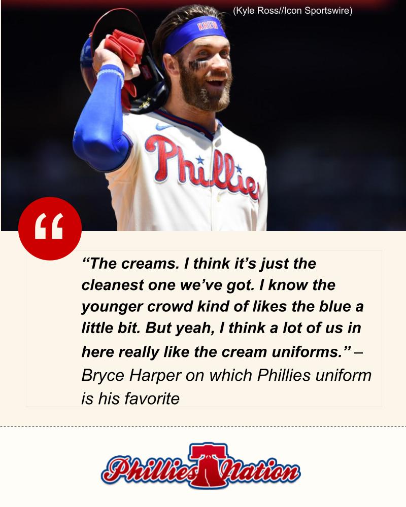 PhilliesNation's tweet photo. The Phillies are wearing Bryce Harper's favorite uniforms Sunday. 

Story: https://t.co/qkcBKdFY3i https://t.co/YH8Bxg3jU4