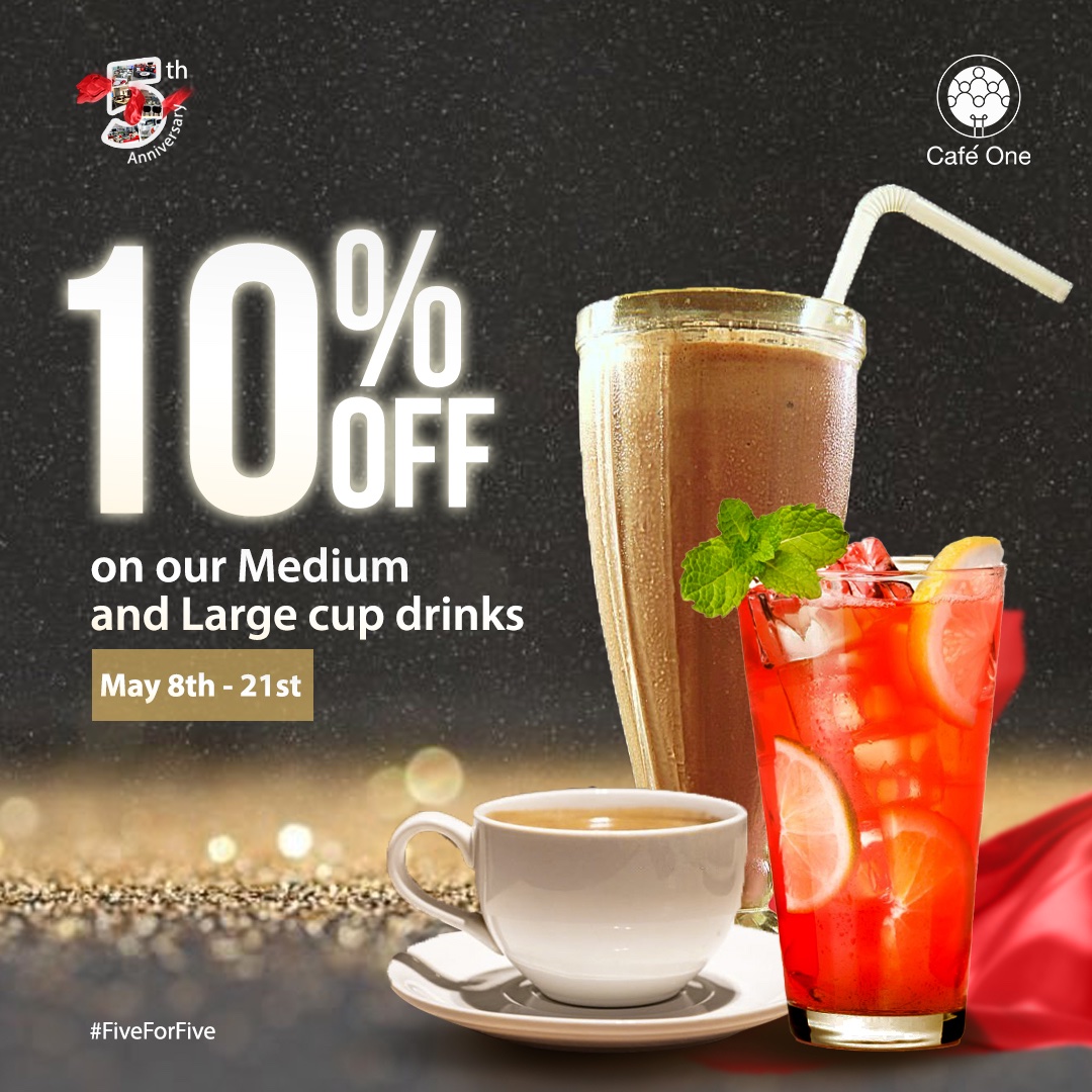 Cafeonenig's tweet photo. Our 5th anniversary is the perfect reason to celebrate with a cup of your favorite drink! ๐น๐ต
Enjoy 10% off all medium and large cup drinks from May 8th to 21st.
Don't miss out on this sweet deal!
#anniversarycelebration #discounts #5thanniversary #FIVE4FIVE https://t.co/S7u8wN3rAm