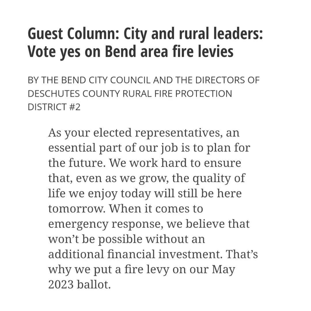 MelanieKebler's tweet photo. The Bend City Council and Rural Fire Protection District #2 Board members urge you to VOTE YES on the fire levy on your May ballot! The levy rate has been the same since 2014. More people = more emergencies for @bendfirefighter to respond to. 

More info: https://t.co/ZTBF5S4qJ0 https://t.co/W6e0moxt4C