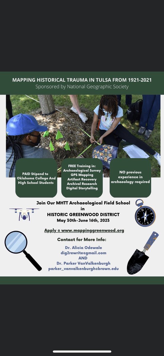 Alicia Odewale (@aliciaodewale) on Twitter photo Thank you <a href="/InsideNatGeo/">National Geographic Society</a> for allowing us to create the field school we always wanted
👍🏿No cost training in archaeology & mapping
👍🏿 Nat Geo Paid internships
👍🏿 Highlighting the resilience of Black Wall Street
👍🏿Focus on healing the next Generation
👍🏿Open to all Oklahoma students Thank you <a href="/InsideNatGeo/">National Geographic Society</a> for allowing us to create the field school we always wanted
👍🏿No cost training in archaeology & mapping
👍🏿 Nat Geo Paid internships
👍🏿 Highlighting the resilience of Black Wall Street
👍🏿Focus on healing the next Generation
👍🏿Open to all Oklahoma students