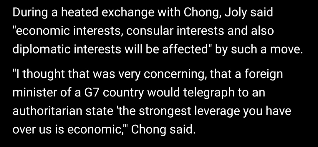Acook999's tweet photo. (From a global news article) if u prioritize diplomatic relationships with an authoritarian regime instead of the safety of one of your fellow MPs, then you are a coward who should not be the foreign affairs minister https://t.co/dTWYAHHzH2