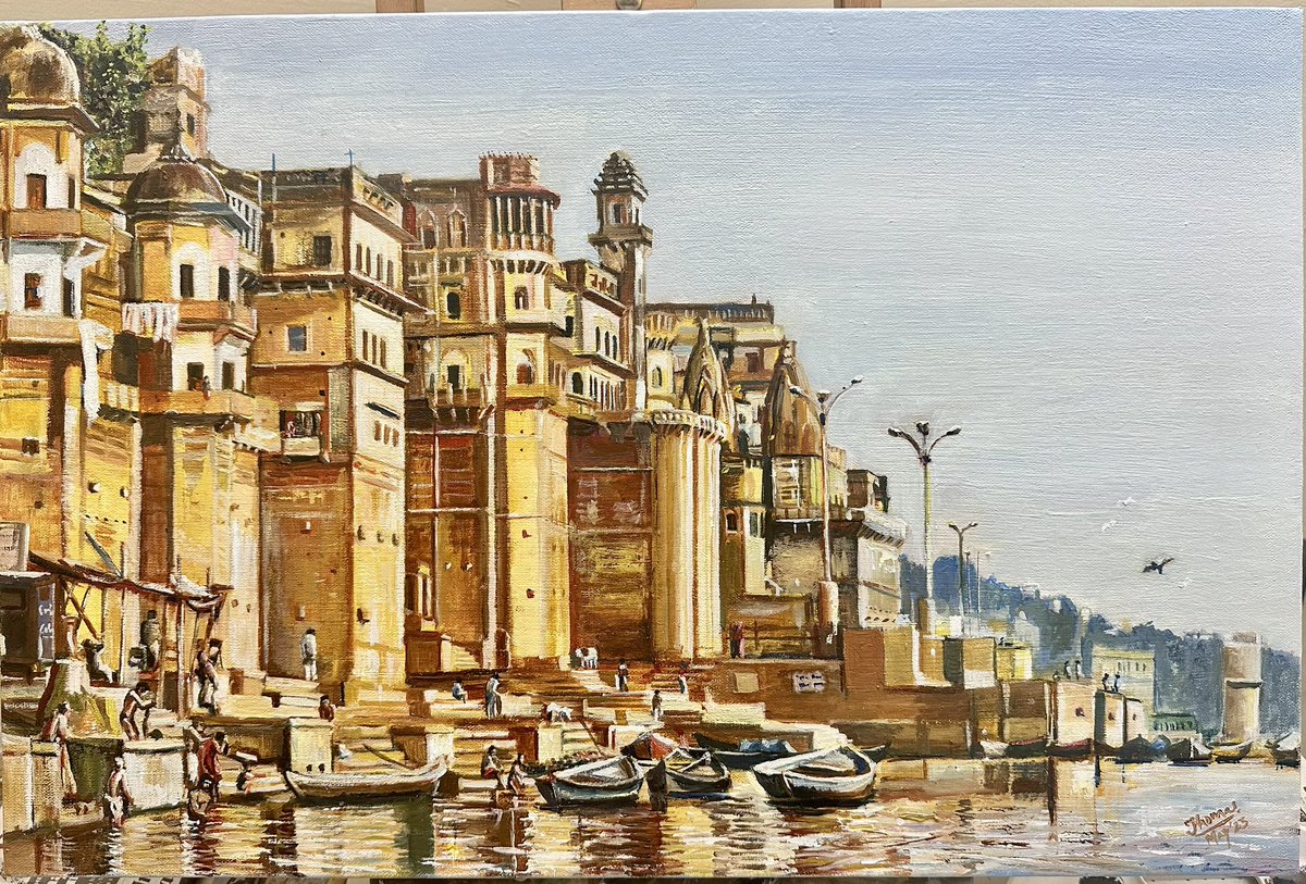 Peace in the Chaos. Oil on canvas. 60 x 40 cm. #commissionart #ArtistOnTwitter #Varanasi #oilpainting #oiloncanvas #painting #ghat #art