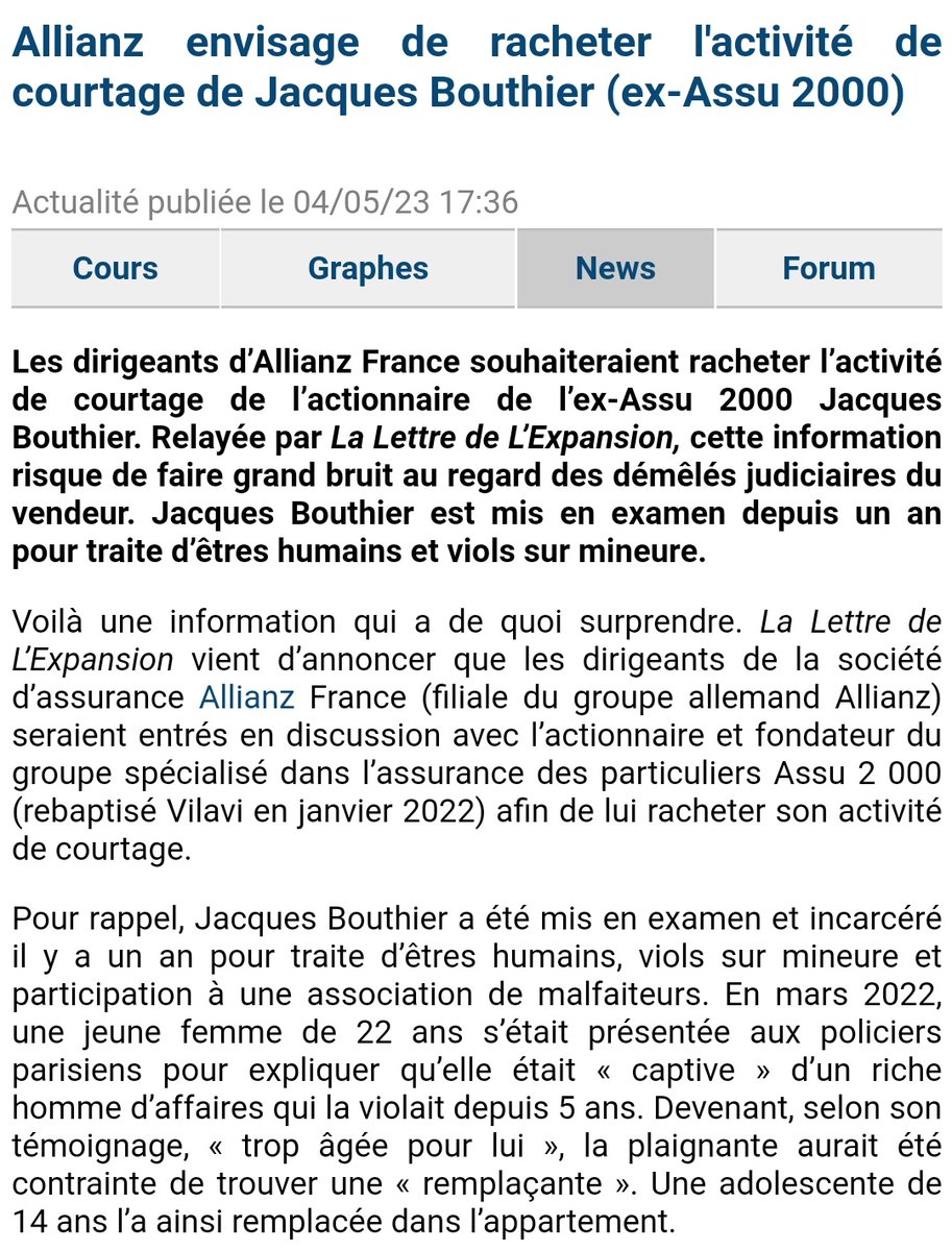 Panamza's tweet photo. Bonjour @jacquesrichier & @FabienWathle !
La @LettreExpansion révèle que votre groupe @allianzfrance/@Allianz veut racheter l'activité de courtage de Jacques Bouthier (@ASSU2000), accusé de trafic d'êtres humains & de viols sur mineure.
Ainsi, vous l'enrichirez.
Une explication ? 
{Rappel sur l'affaire passée quasiment sous silence en 🇨🇵 #Bouthier qui implique Christian Giroud, alors garde du corps de David de #Rothschild ⤵️
https://t.co/1THeApudex}
#Assu2000 #Vilavi #Allianz
#pedocriminalité